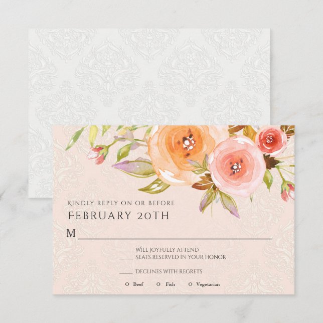 Invitation RSVP Fleurs de mariage Rose Fleur d'eau Foliage (Devant / Derrière)