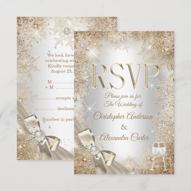 Invitation RSVP Flocon de neige en créme beige perle en acier (Devant / Derrière)
