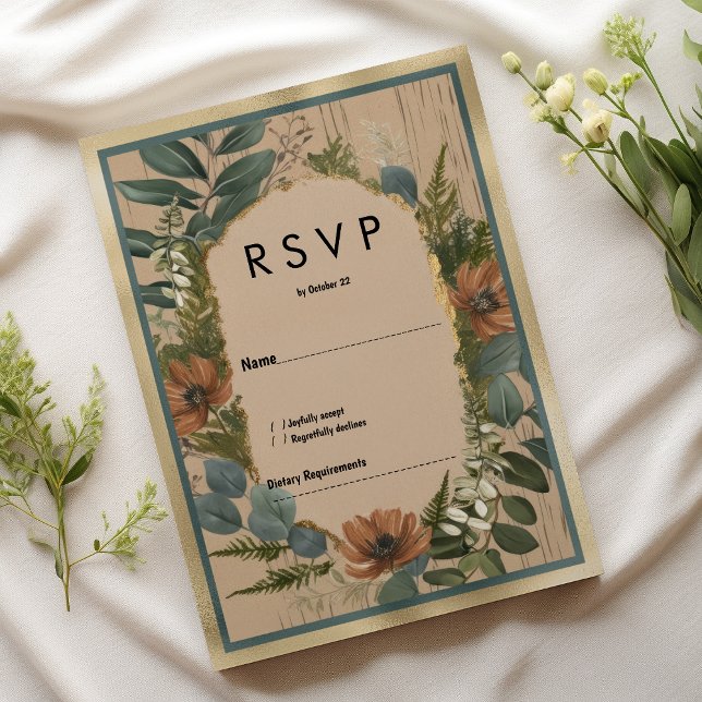 Invitation RSVP floral à la menthe orange rustique (Rustic brown orange gold mint floral RSVP)