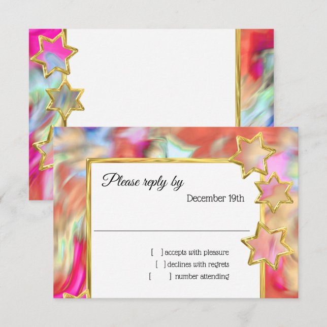 Invitation RSVP Gold Star Abstrait Red Tie Dye (Devant / Derrière)