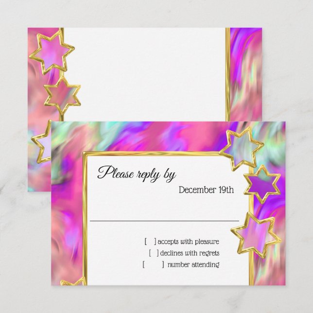 Invitation RSVP Gold Star Abstrait Turquoise Tie Dye (Devant / Derrière)