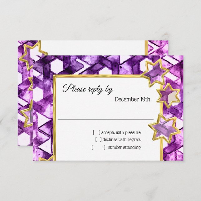 Invitation RSVP Gold Star Purple Damask (Devant / Derrière)