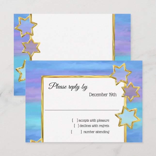 Invitation RSVP Gold Star Purple Turquoise Stripes (Devant / Derrière)