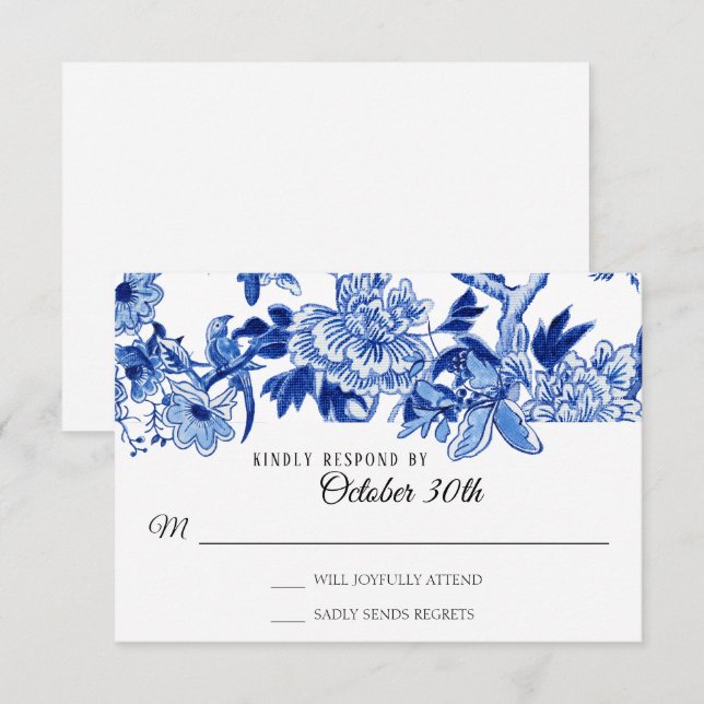 Invitation RSVP Influence Asiatique Blanc Bleu Floral Chinois (Devant / Derrière)