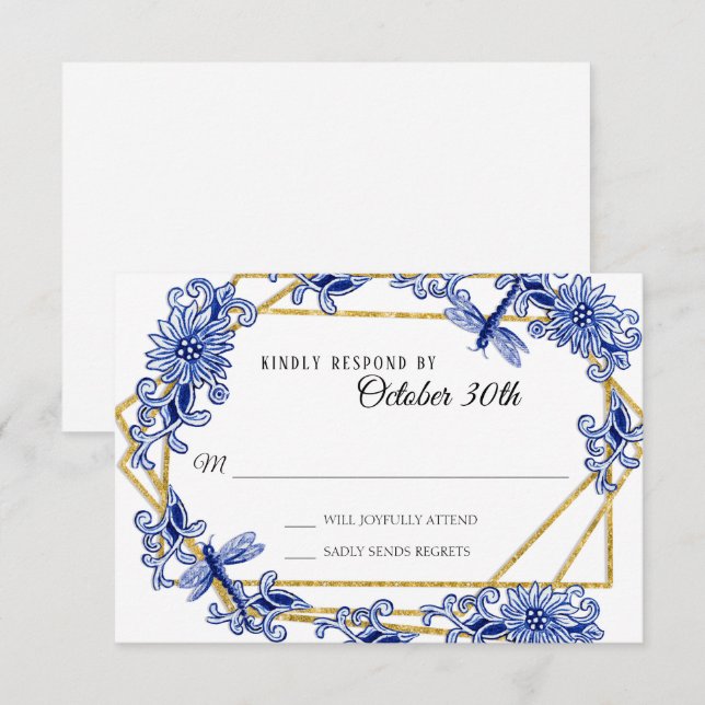 Invitation RSVP Influence Asiatique Bleu Ciel Dragonne Libell (Devant / Derrière)