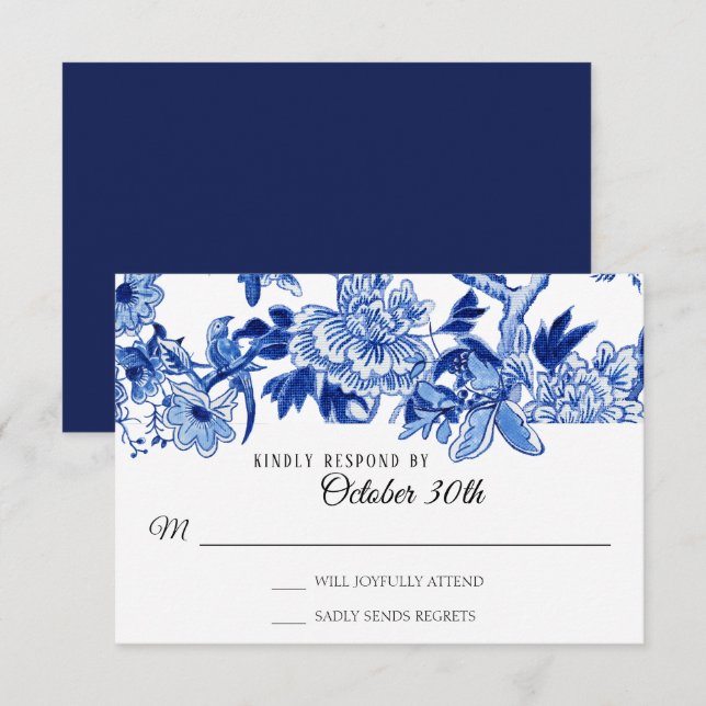 Invitation RSVP Influence Asiatique Bleu Nuit Floral Chinoise (Devant / Derrière)