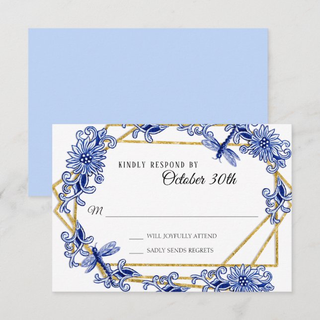 Invitation RSVP Influence asiatique Sky Blue Floral Aquarelle (Devant / Derrière)