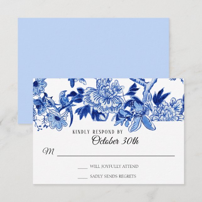 Invitation RSVP Influence Florale Bleu Clair Chinoiserie (Devant / Derrière)