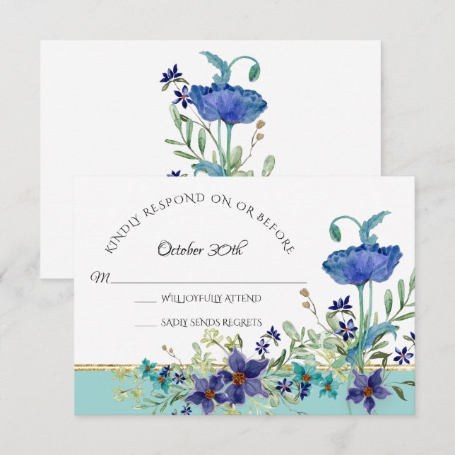 Invitation RSVP Mariage Aqua Blue w Poppy aquarelle Floral (Devant / Derrière)