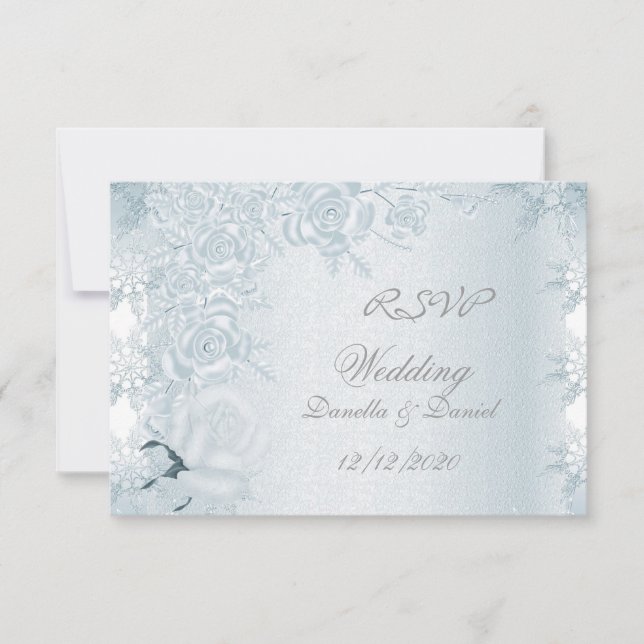 Invitation RSVP Mariage Blanc Argent Fleurs Bleues Roses Floc (Devant)