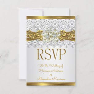 Invitation RSVP Mariage Blanc Perle Or Broderie Florale 