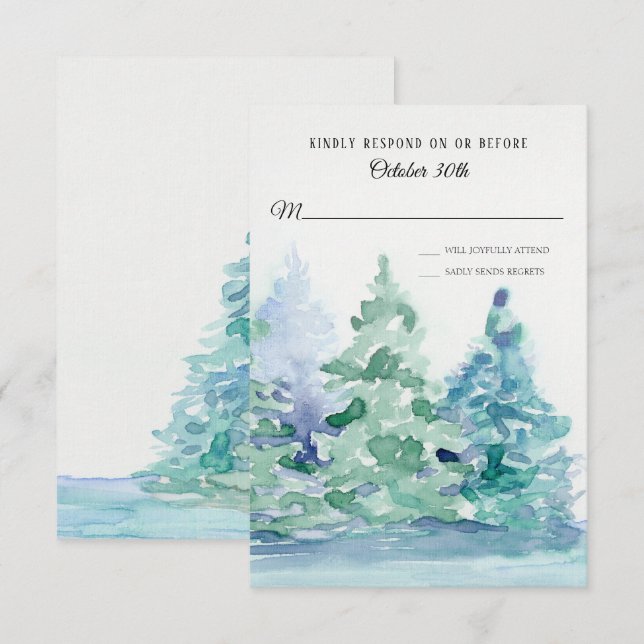 Invitation RSVP Mariage Blue Lake w Mountain Pine Trees (Devant / Derrière)