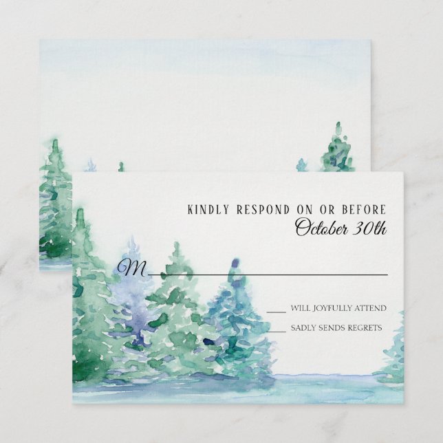 Invitation RSVP Mariage Blue Lake w Mountain Pine Trees (Devant / Derrière)