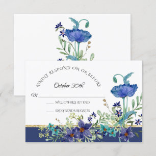 Invitation RSVP Mariage Blue Poppy Folithe Aquarelle Florale