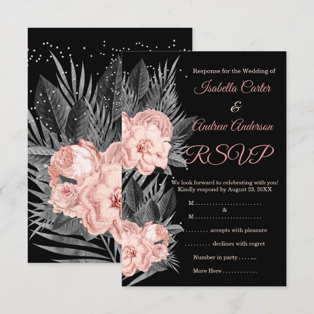 Invitation RSVP Mariage Blush Peach Charcoal Floral Noir (Devant / Derrière)
