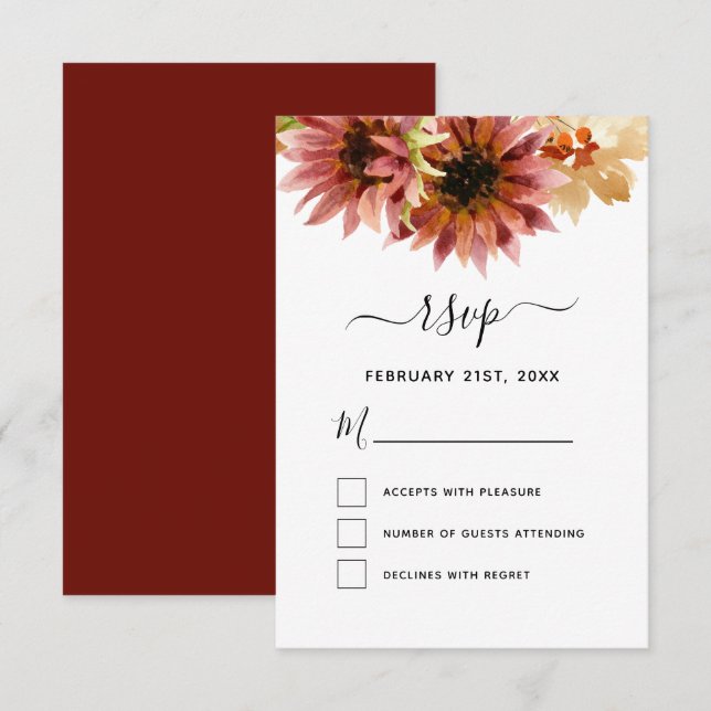 Invitation RSVP Mariage campagnard de Bourgogne de tournesol (Devant / Derrière)