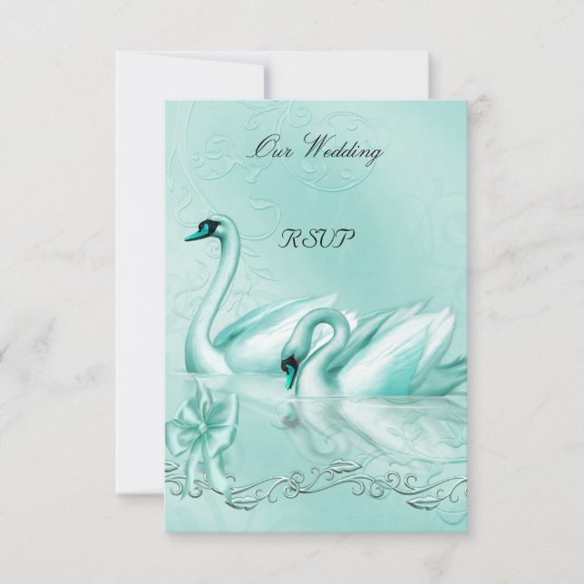 Invitation RSVP Mariage Elégant Cygnes Bleu Turquoise Cœur (Devant)