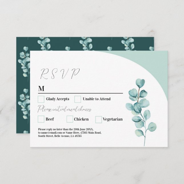 Invitation RSVP Mariage Eucalyptus Feuilles Vert Simple (Devant / Derrière)