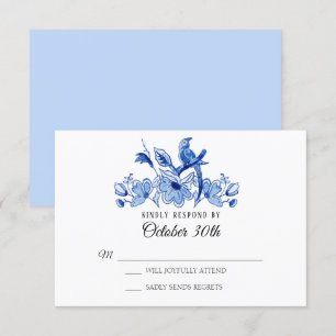 Invitation RSVP Mariage Fleurs de Chinoiserie Aquarelle Bleu 