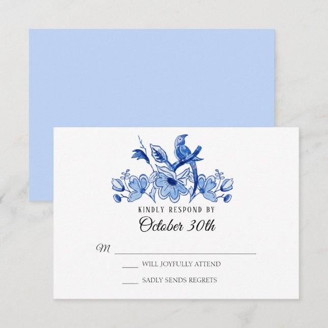 Invitation RSVP Mariage Fleurs de Chinoiserie Bleu Clair Aqua (Devant / Derrière)