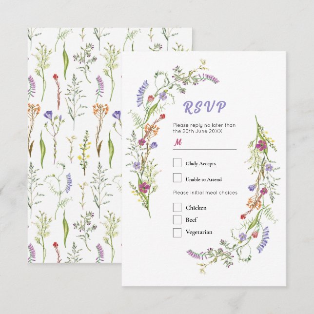 Invitation RSVP Mariage Fleurs sauvages Floral Ditsy (Devant / Derrière)