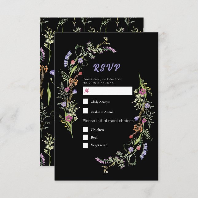 Invitation RSVP Mariage Fleurs sauvages Floral Ditsy Dark (Devant / Derrière)