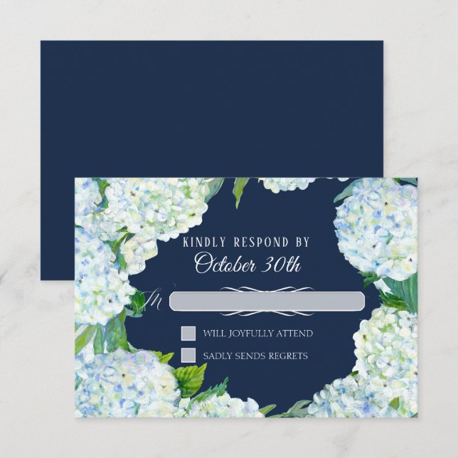 Invitation RSVP Mariage Floral Blanc Hydrangea Navy Bleu (Devant / Derrière)