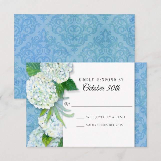 Invitation RSVP Mariage Floral Hydrangeas Blue Damask Patte (Devant / Derrière)