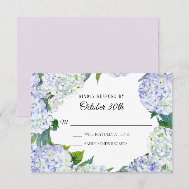 Invitation RSVP Mariage Floral Lilac n Hydrangeas blancs (Devant / Derrière)