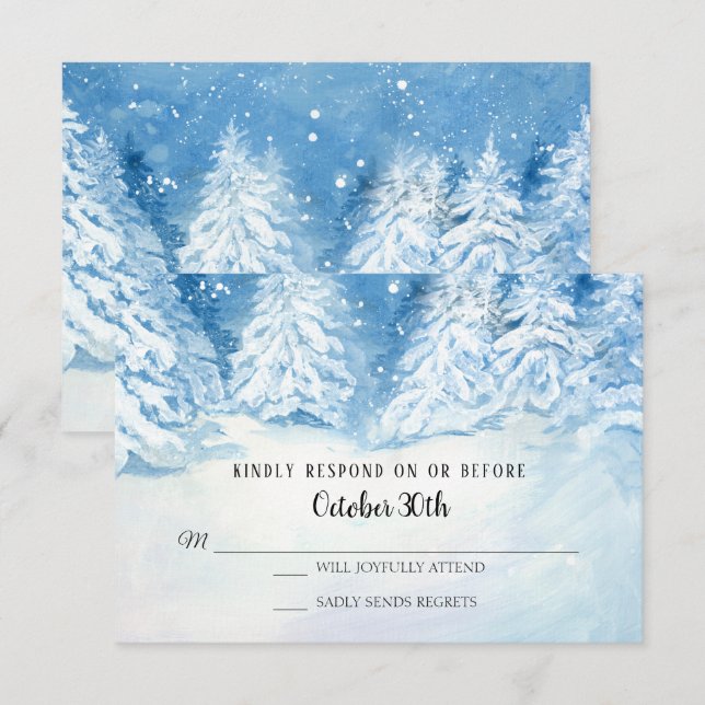 Invitation RSVP Mariage Forêt Hivernale Arbres enneigés Aquar (Devant / Derrière)