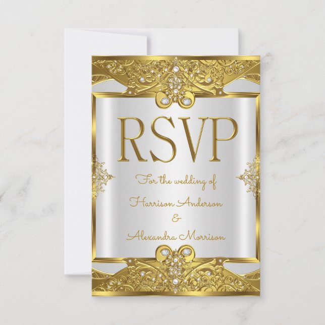 Invitation RSVP Mariage Gold White Pearles Golden Frame (Devant)