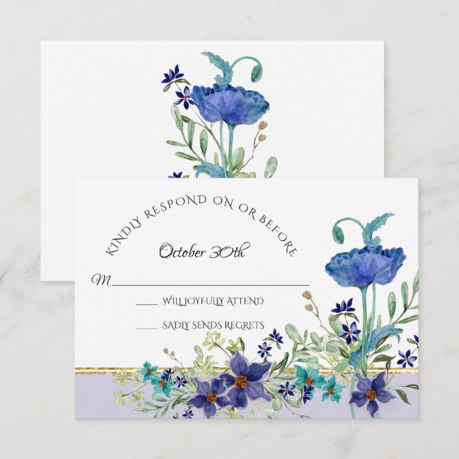Invitation RSVP Mariage Lavande Bleu Pavot Aquarelle Floral (Devant / Derrière)