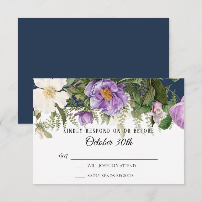 Invitation RSVP Mariage Marine Pourpre Ivoire Rose Pivoine Fo (Devant / Derrière)