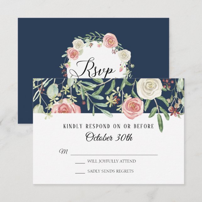 Invitation RSVP Mariage Navy Blush Ivory Rose Folift Leaf (Devant / Derrière)