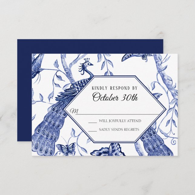 Invitation RSVP Mariage Navy Chinoiserie Peacock Butterflies (Devant / Derrière)