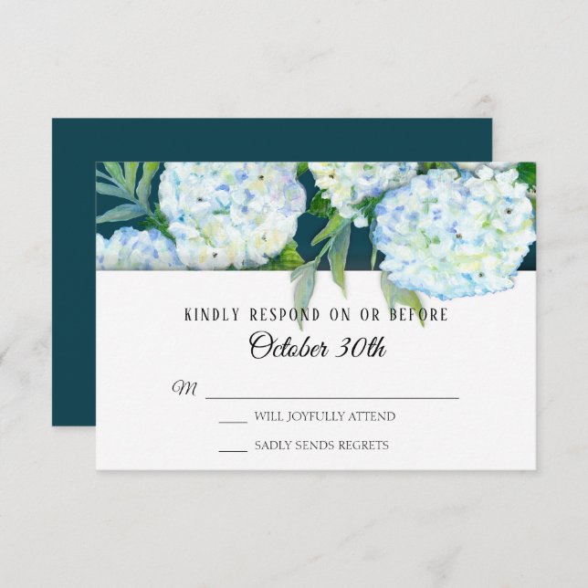 Invitation RSVP Mariage Peints Hydrangeas Blancs Bleu Paon (Devant / Derrière)