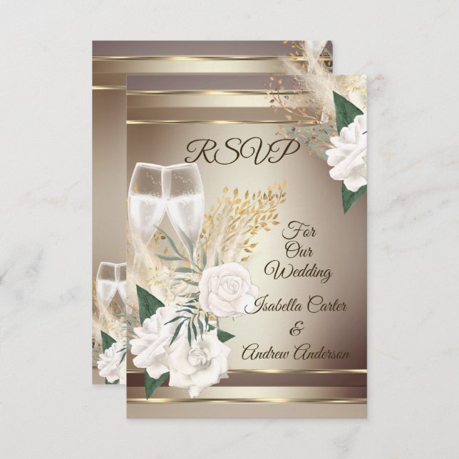 Invitation RSVP Mariage Rose Blanc Champagne Or Bronze (Devant / Derrière)