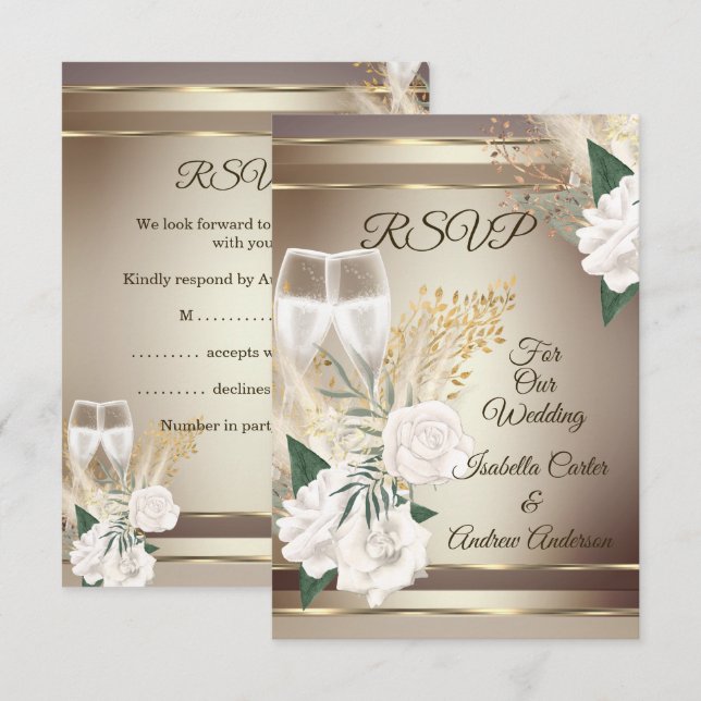 Invitation RSVP Mariage Rose blanche Champagne Or Bronze (Devant / Derrière)