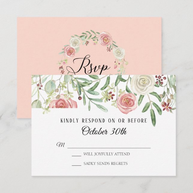 Invitation RSVP Mariage Rose Fleurs de Cerisier Feuillage Feu (Devant / Derrière)