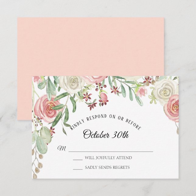 Invitation RSVP Mariage Roses Fleurales Blush Ivoire (Devant / Derrière)