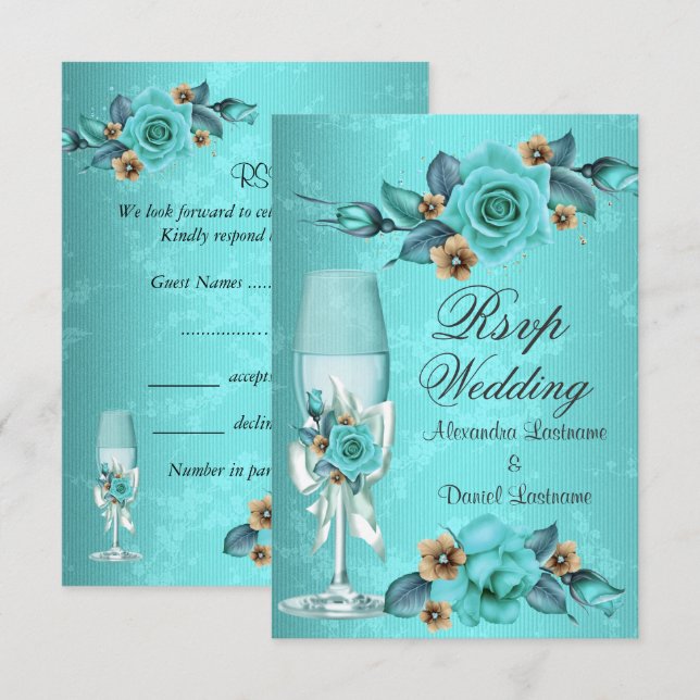 Invitation RSVP Mariage Roses Fleurs Bleu Sarcelle Champagne  (Devant / Derrière)