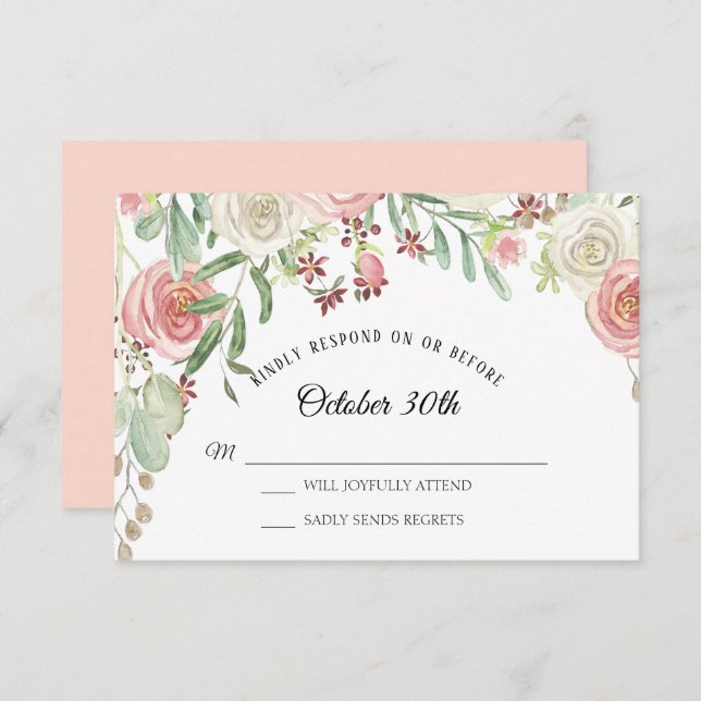 Invitation RSVP Mariage Roses Fleurs Blush Ivoire (Devant / Derrière)