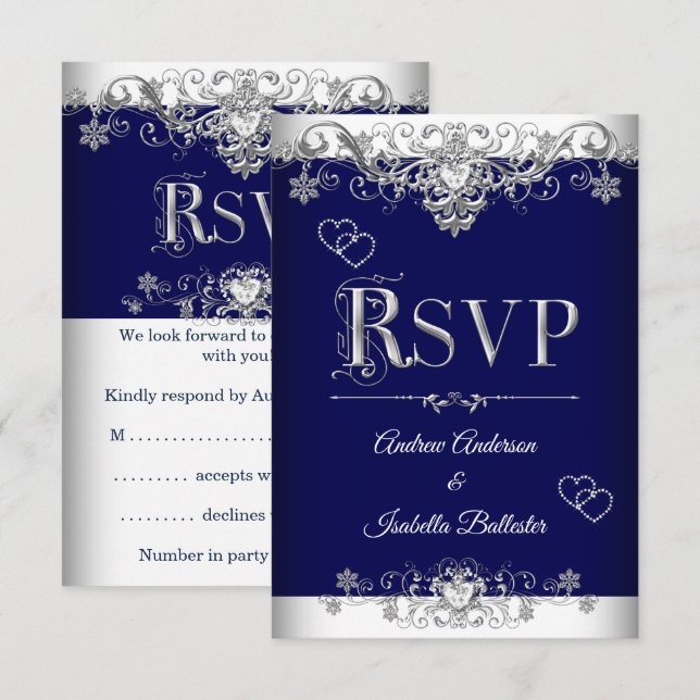 Invitation RSVP Mariage Royal Bleu Diamant Cœurs Argentés (Devant / Derrière)