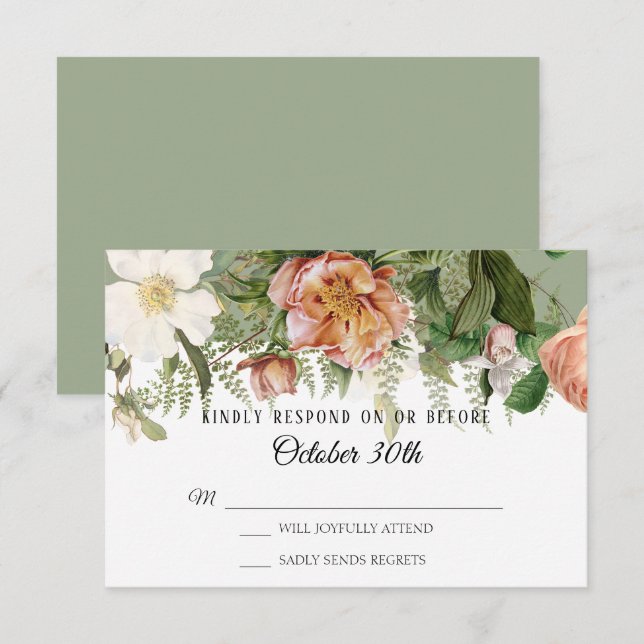 Invitation RSVP Mariage Sage Bruyère Rose Pivoine Fougères (Devant / Derrière)