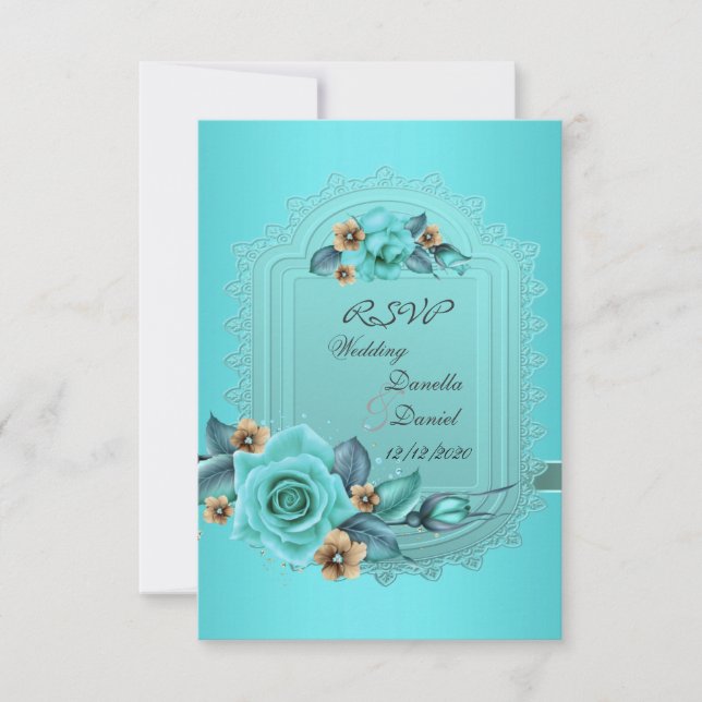 Invitation RSVP Mariage Turquoise Bleu Beige Rose Fleurs 2 (Devant)
