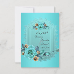 Invitation RSVP Mariage Turquoise Bleu Beige Rose Fleurs 2