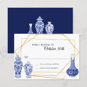 Invitation RSVP Marine Vintage moderne Blue Gold Vase Ginger 