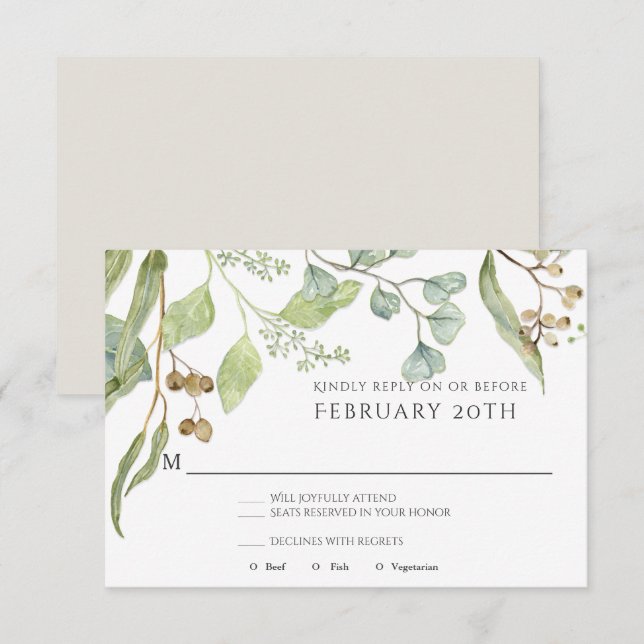 Invitation RSVP Moderne Aquarelle simple Eucalyptus Mariage (Devant / Derrière)
