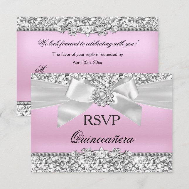 Invitation RSVP Parties scintillant rose argent Bijou Bow Qui (Devant / Derrière)