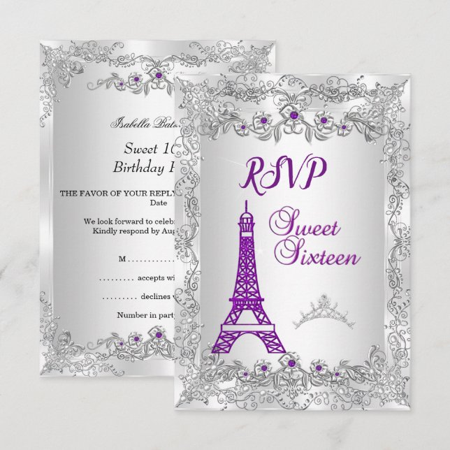Invitation RSVP Princess Sweet 16 violet Silver Photo Party (Devant / Derrière)